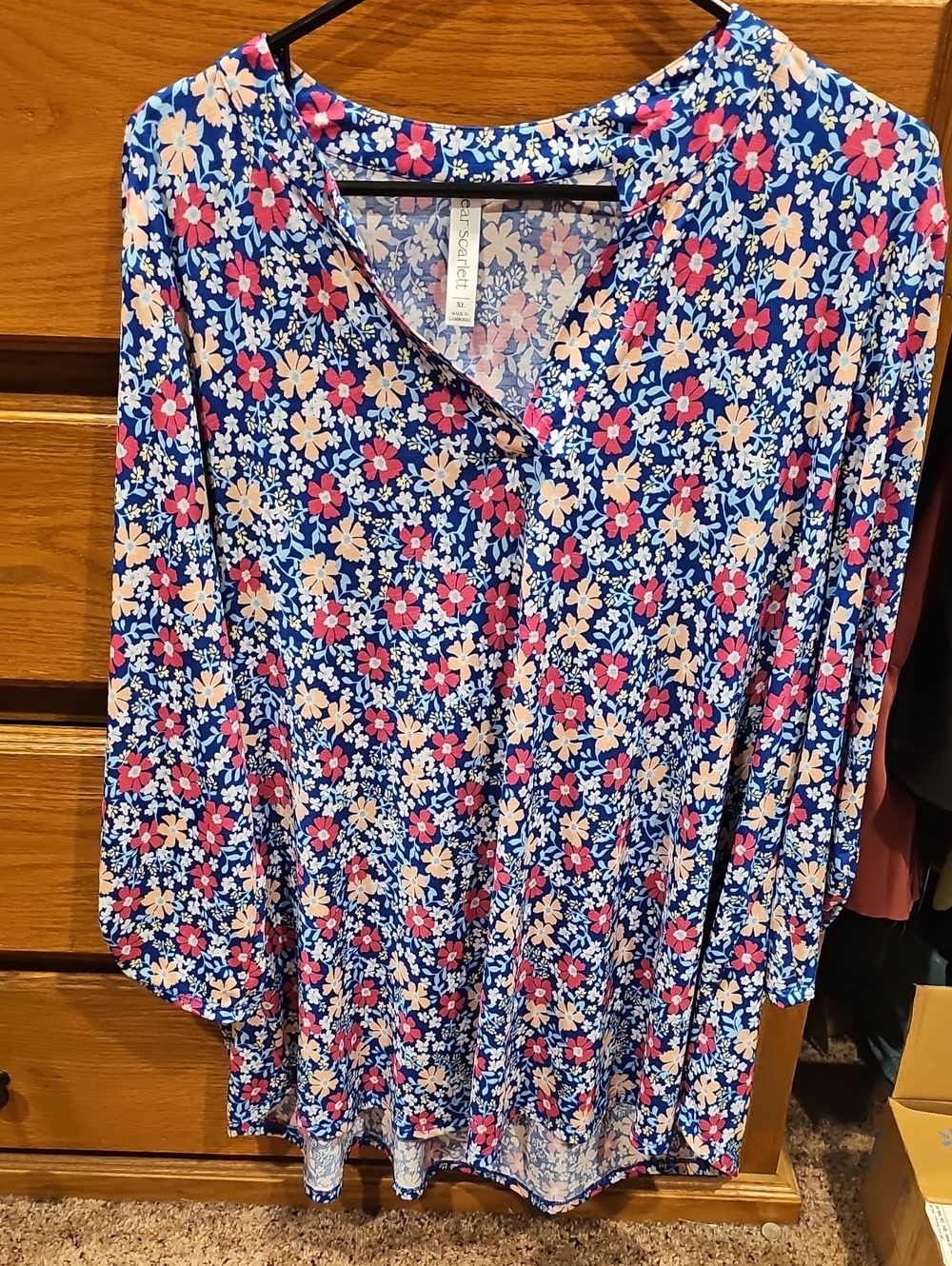 Scarlett Blue Floral Button-Front Blouse with Pink & Cream Blooms